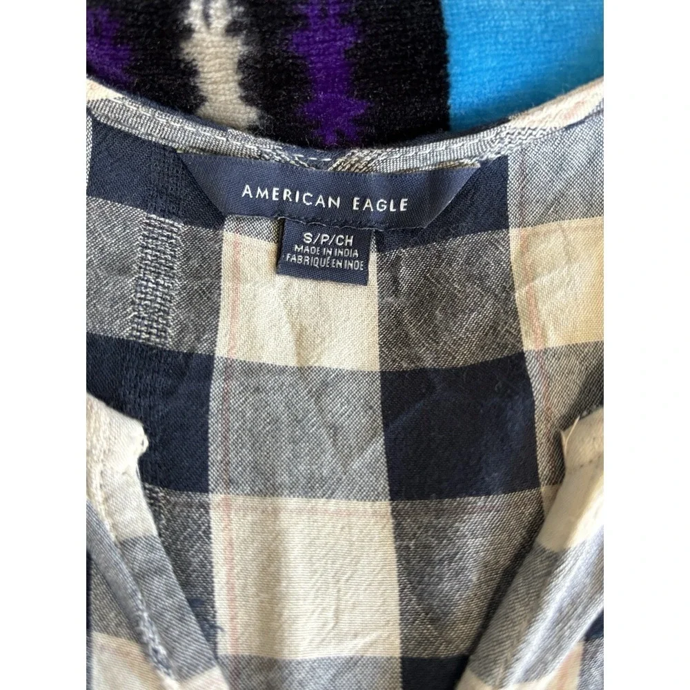 American Eagle Blue/White Plaid Buttons Tiered Long Sleeve Size‎ S Flowy Ruffles